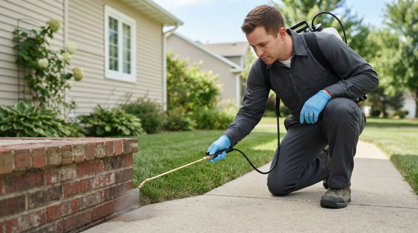 Pest control technician treating a home near Plaistow, NH